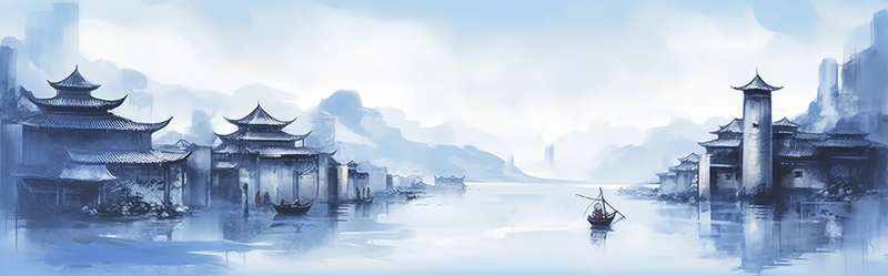 蓝色划桨渔夫江面小船中国风背景,插画/手绘图,插画/手绘图库,插画/手绘图下载,插画/手绘